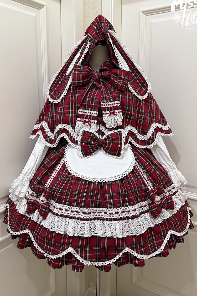 Red Gingham Petal Bunny Short Sleeves Printed Ruffled Bow Sweet Lolita OP Dress