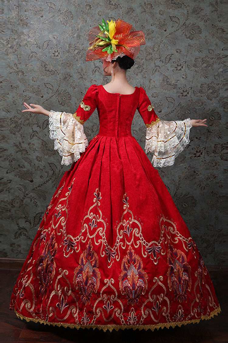 Red Multi-Layer Trumpet Sleeves Half Sleeves High Waisted Embroidery Print Victorian Lolita Prom Dress