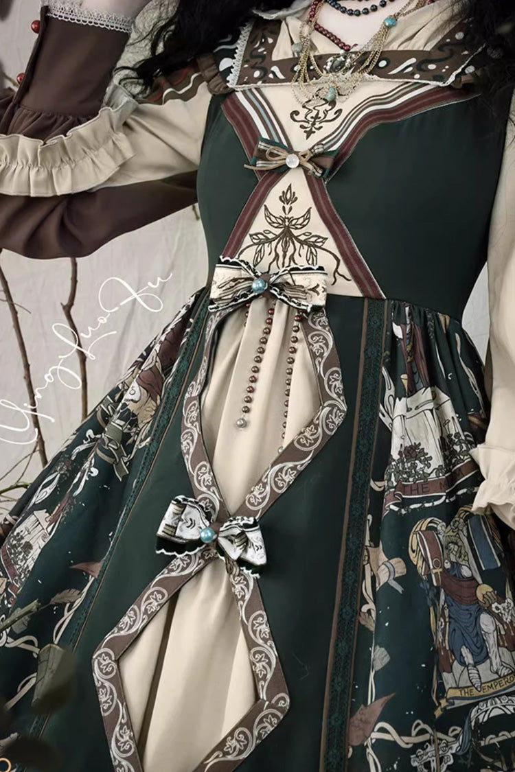 Dark Green Tarot Print Long Puff Sleeves Ruffle Bowknot Ripped Sweet Elegant Lolita Dress