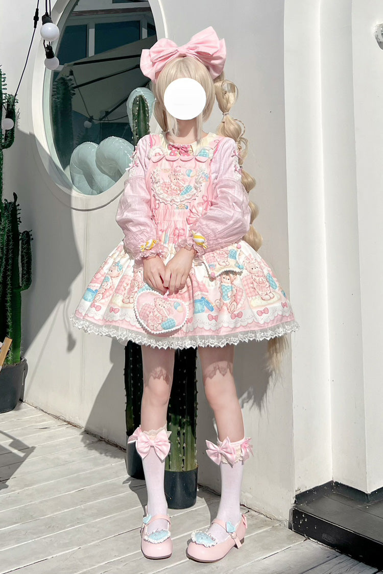 Kawaii Bears Print Pink Bowknot Stitching Lace Sweet Lolita Strap Dress
