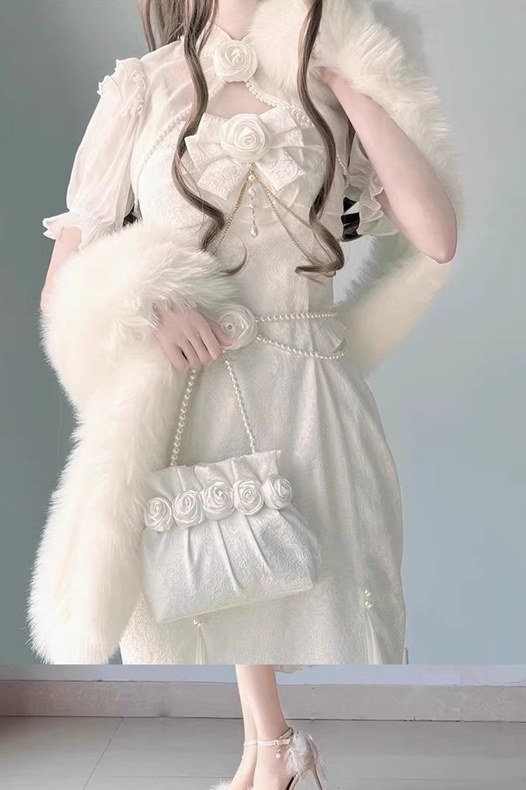 White Camellia 1.0 Sleeveless Jacquard Ruffle Lace Sweet Chinese Style Lolita Jsk Fishtail Dress