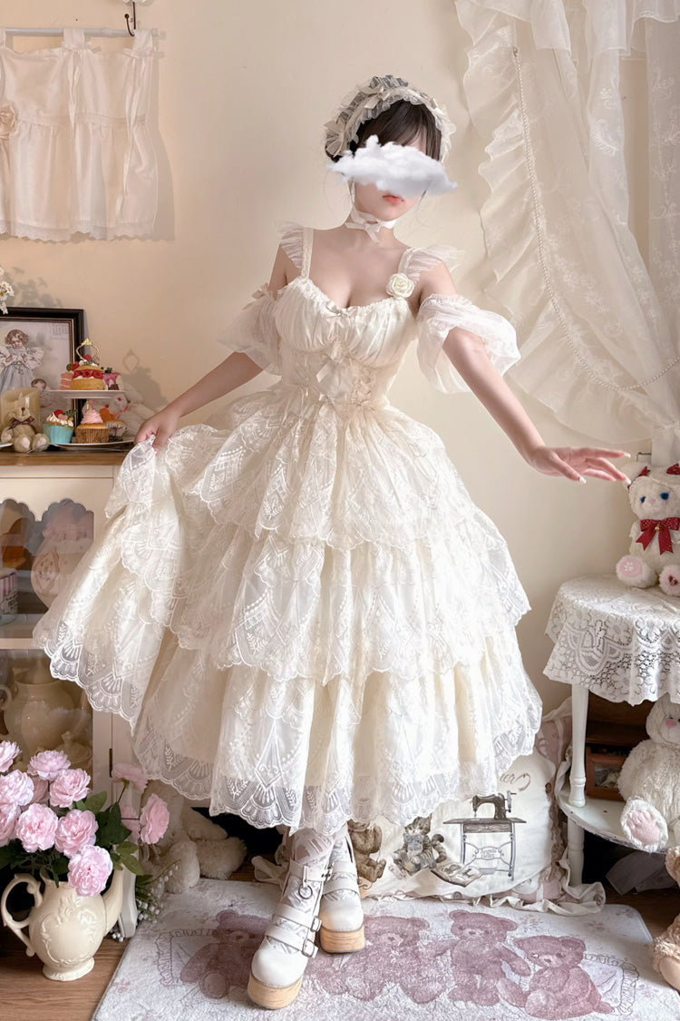 Ivory Tidal Triple-Layered Ruffle Bowknot Sweet Lolita Skirt 2 Versions