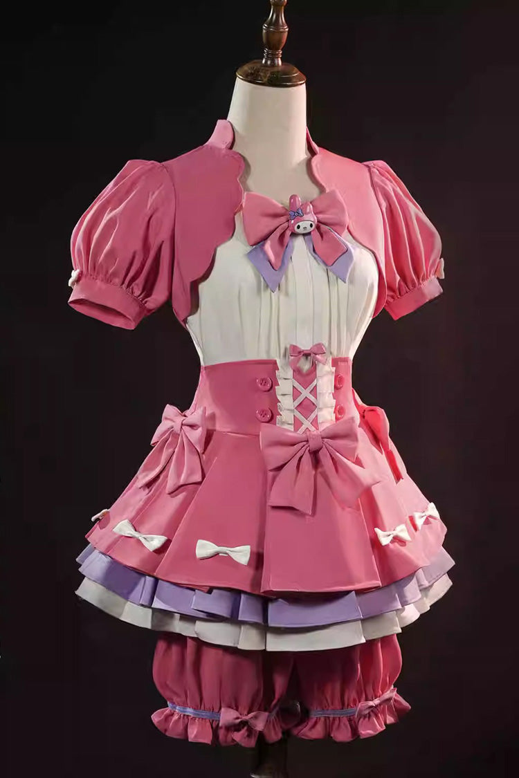 Pink Identity V Short Sleeves Ruffle Bowknot Lace-Up Sweet Ouji Lolita Dress Shorts Set