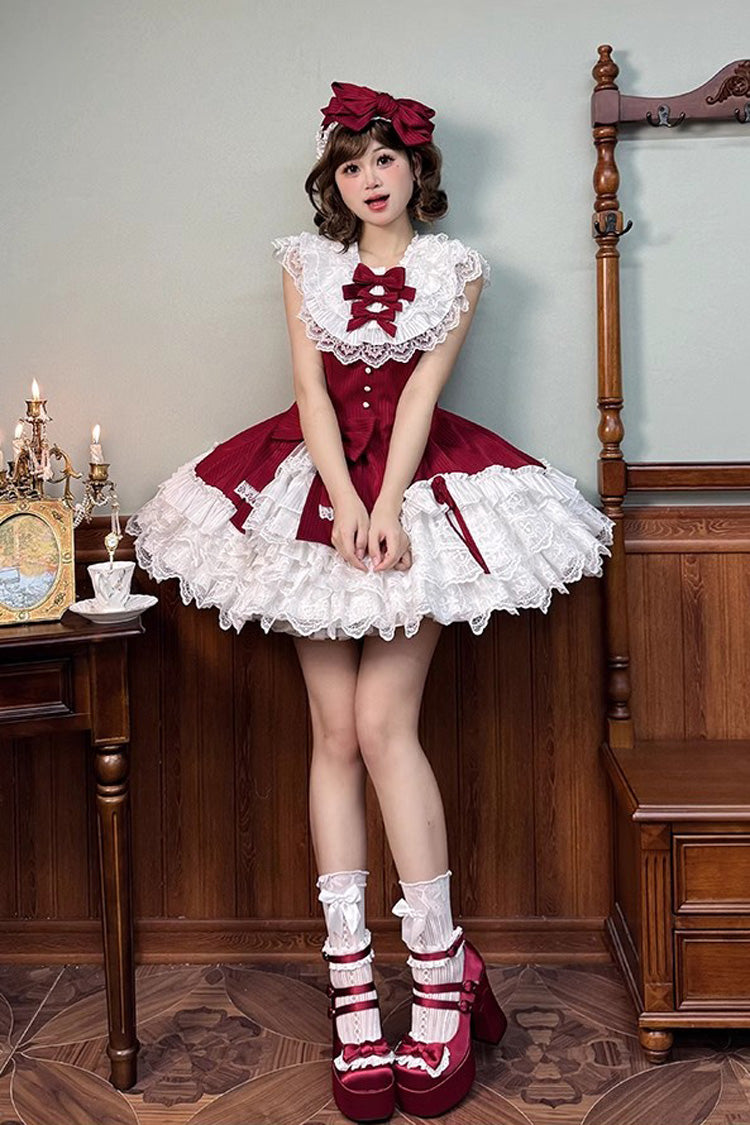 Red Miss Tsundere Sleeveless Multi-Layered Ruffle Bowknot Lace Asymmetric Sweet Princess Lolita Dress