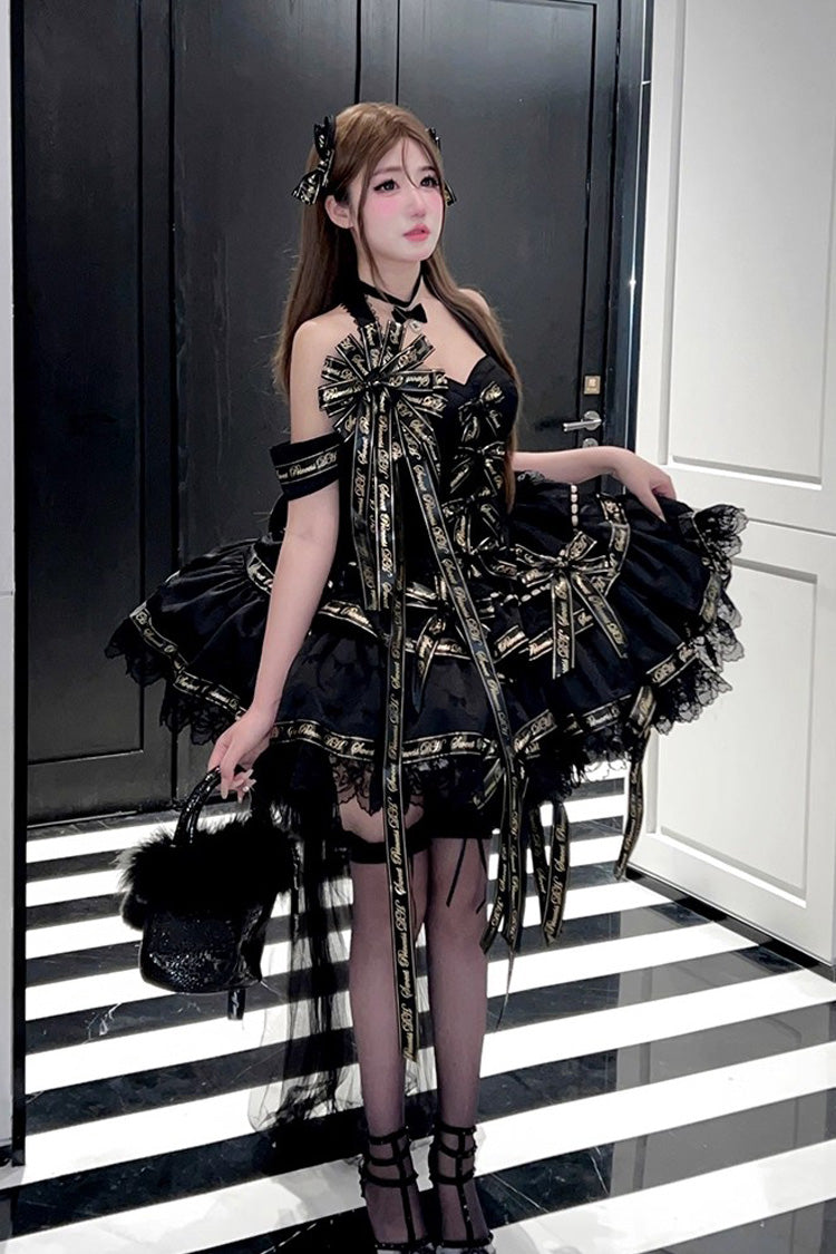 Black Young Lady Halterneck Sleeveless Multi-Layered Ruffle Bowknot Elegant Princess Gothic Lolita Dress