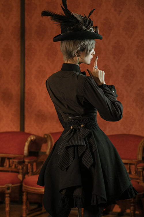 Black/Brown Single Breasted Long Sleeves Ruffled Striped Print Ouji Lolita Dress