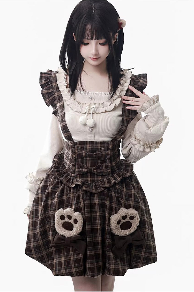 Brown Fluffy Little Bear Plaid Printed Ruffled Bow Sweet Lolita Strap Dress