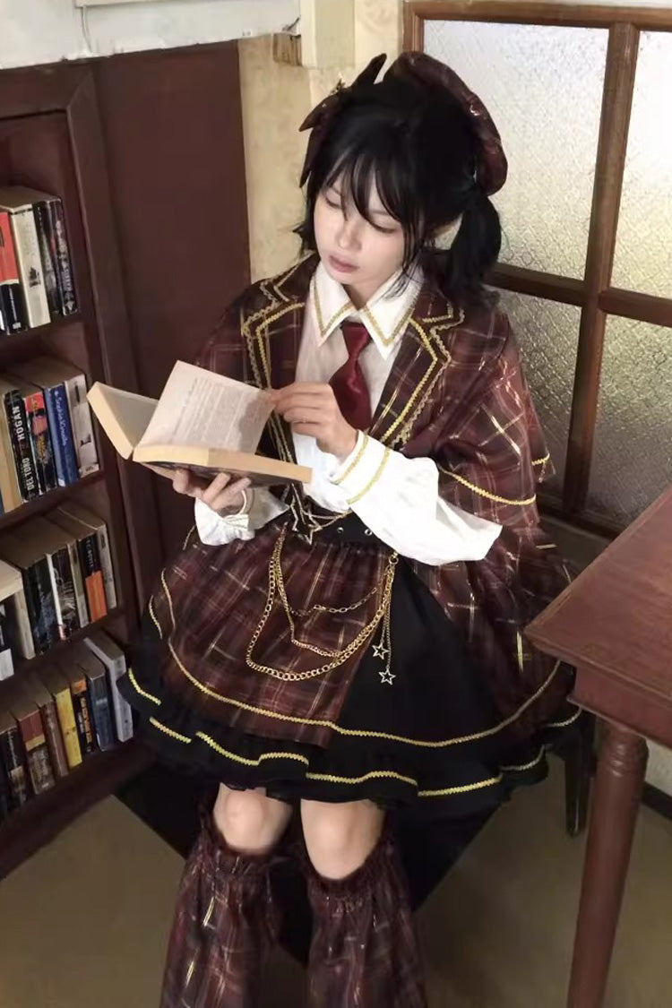 Red Shōwa Little Idol Lapel Collar Long Sleeves Ruffled Open-Front Bow Asymmetric Classic Lolita Skirt Set