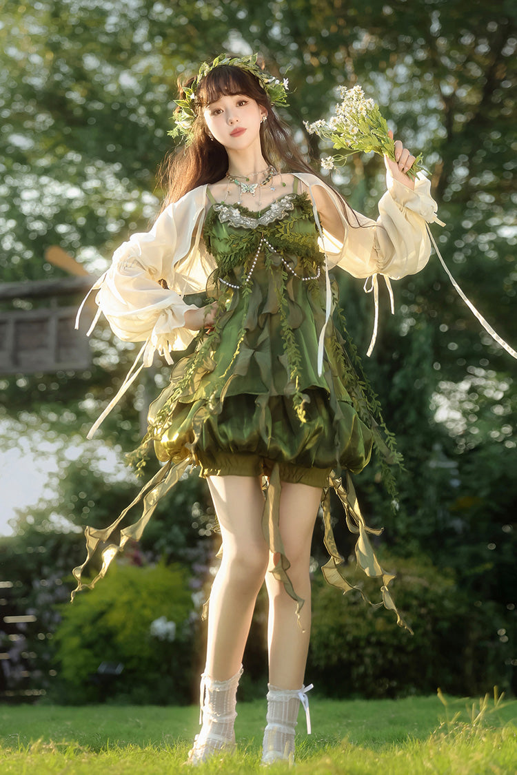 Green Children of the Forest Leaf Decoration Ruffle Irregular Sweet Lolita Jsk Dress Set