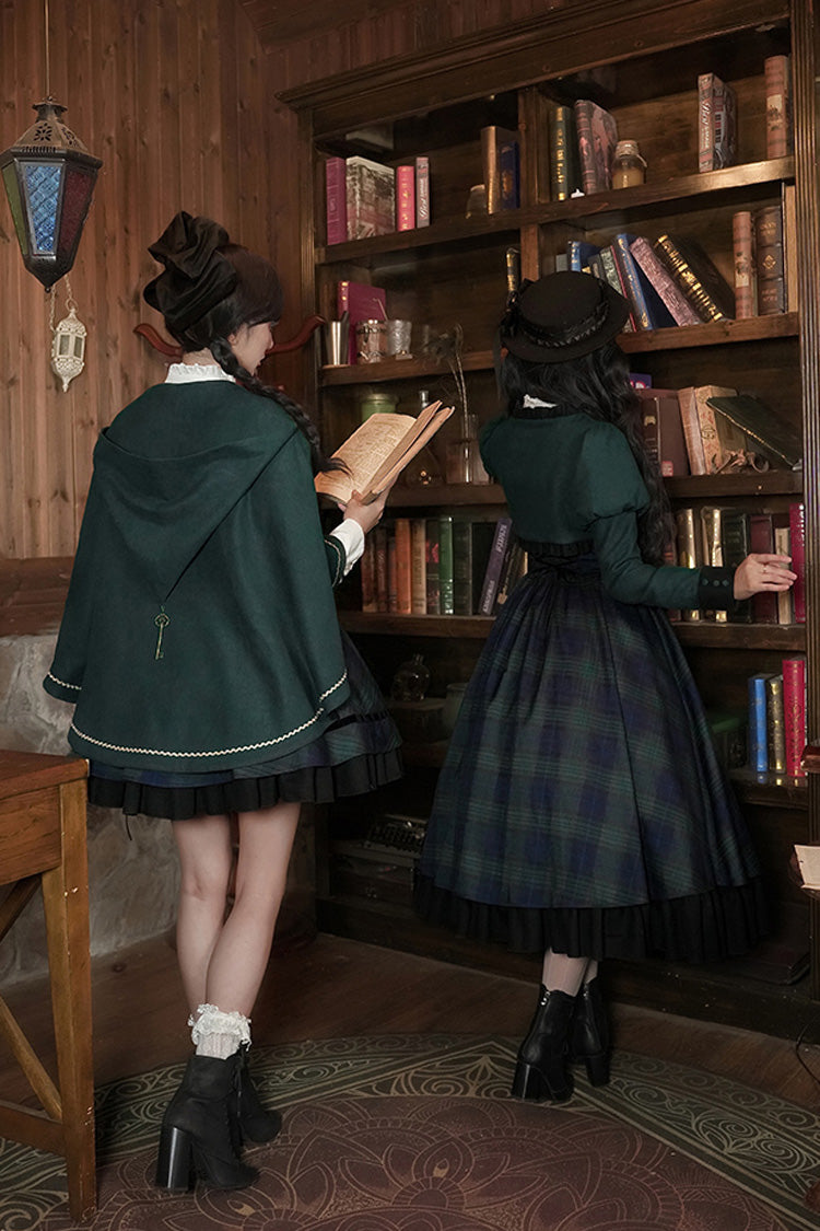 Blue/Green Berlin's letter Double-Layered Plaid Print Ruffle Bowknot Classic College Style Lolita Strap Dress Set 2 Versions