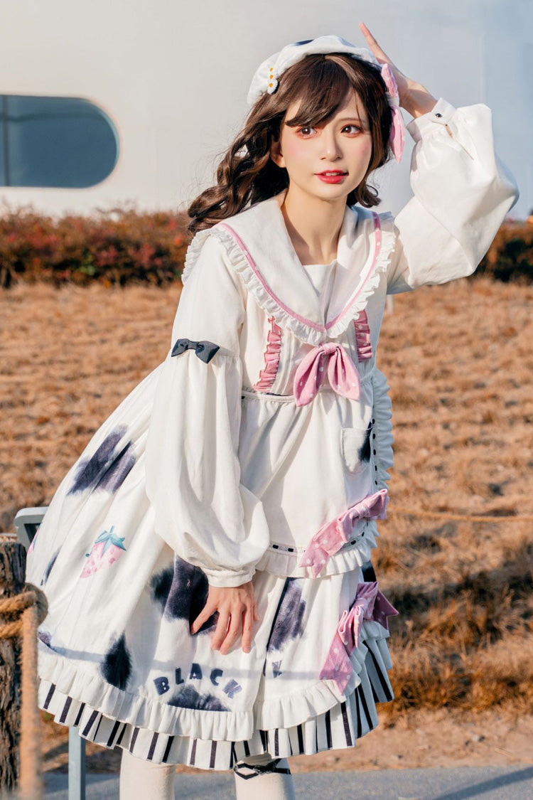 Doll Collar Lantern Long Sleeves Cow Printed Stitching Bowknot Ruffled Sweet Lolita Op Dress