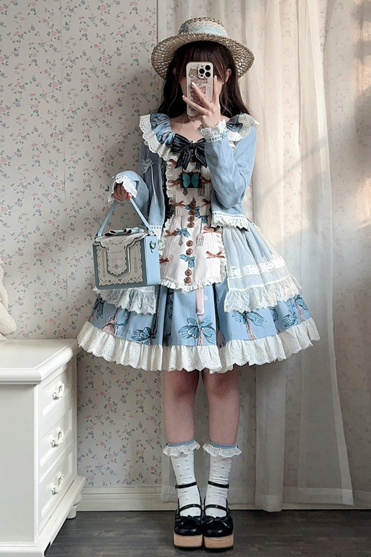 Blue The Witch's Banquet Sleeveless Printed Ruffled Embroidered Bow Lace Sweet Lolita Jsk Dress