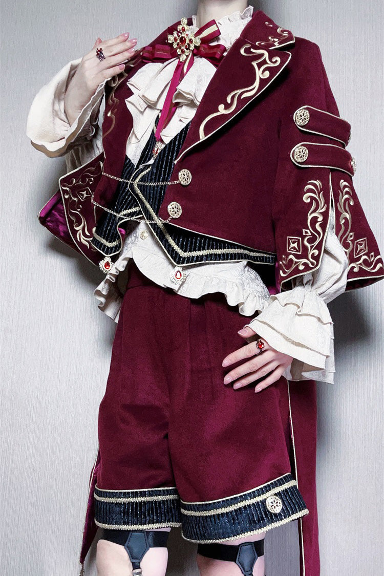Red Royal Heir Embroidery Classic Military Gorgeous Handsome Ouji Lolita Coat Blouse Shorts Set