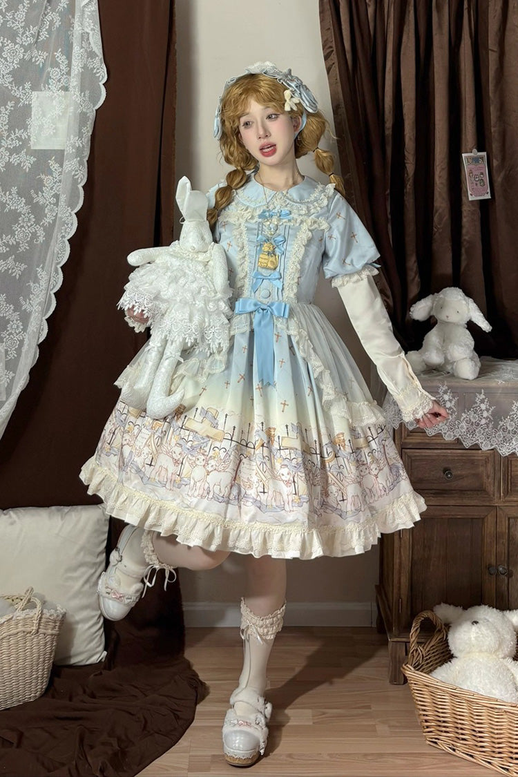 Blue Angel Lamb Lapel Collar Short Sleeves Printed Ruffled Bow Sweet Lolita Dress