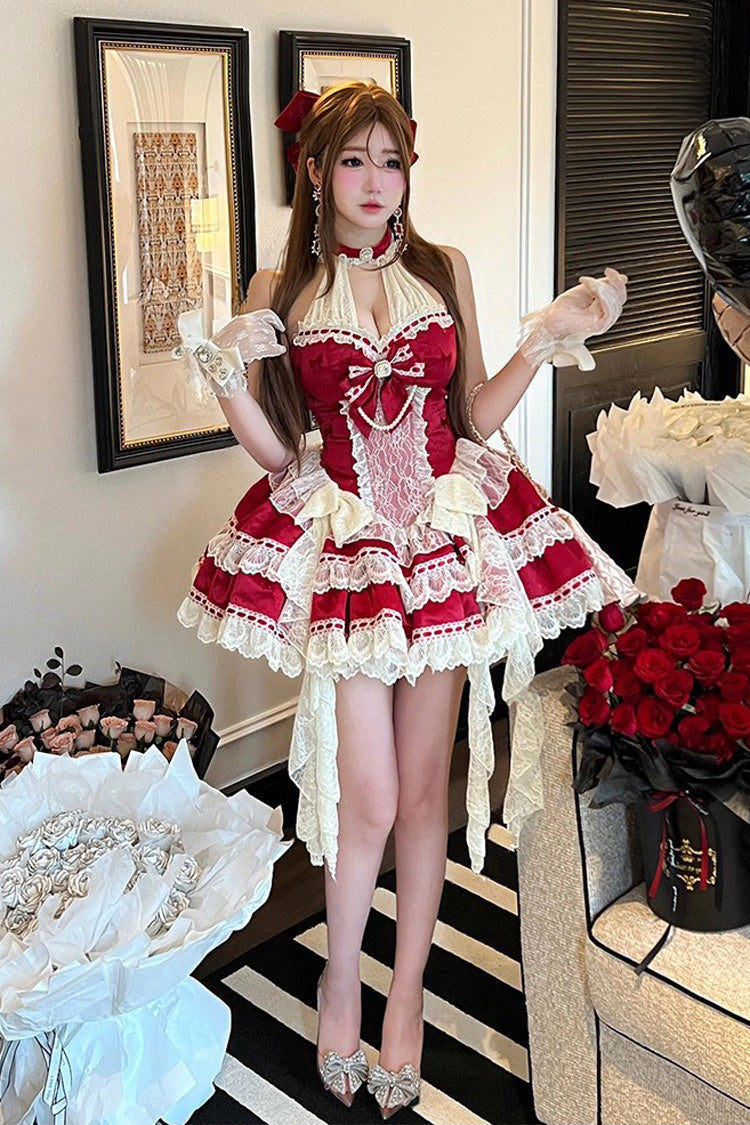 Red Beloved Young Lady Halterneck Sleeveless Double-Layered Ruffle Bowknot Lace Elegant Sweet Lolita Dress