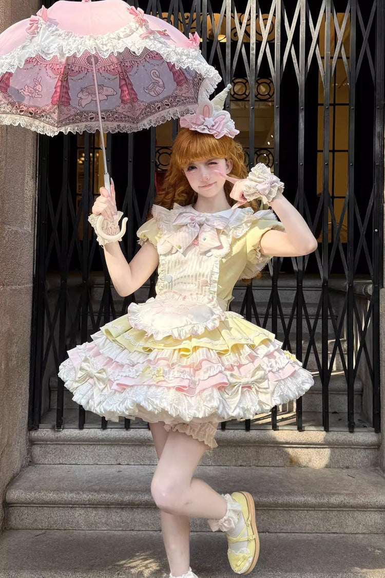 Yellow/Pink Sweet Bunny Chef Short Sleeves Multi-Layered Ruffle Bowknot Sweet Lolita Dress
