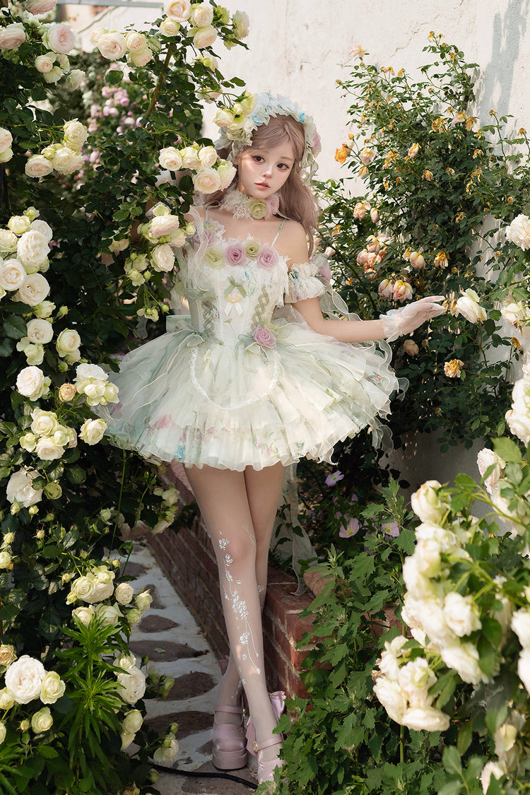 Green Spring Rose Sleeveless Multi-Layered Bowknot Lace-Up Fishbone Sweet Lolita Jsk Dress