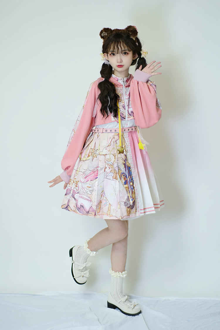 Pink Beginning Of Sun And Moon Series Printing Sweet Lolita JSK Dress And Hoodie Set