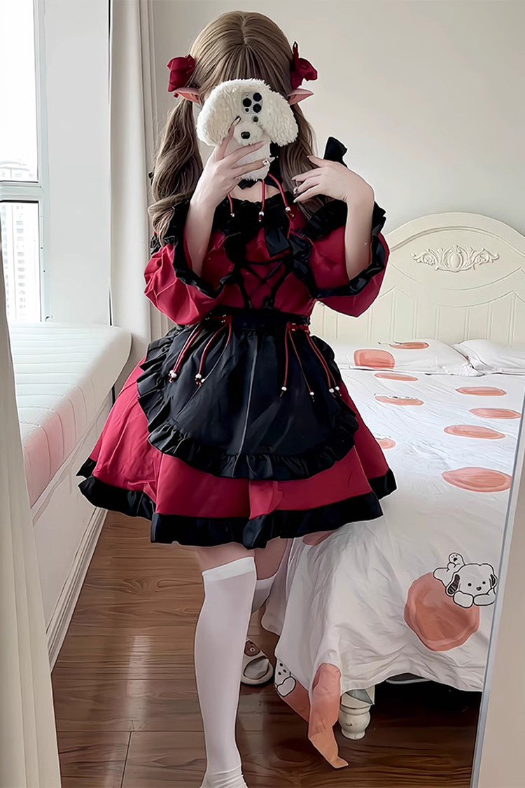 Black/Red Maid Long Sleeves Ruffle Bowknot Gothic Lolita Dress Full Set