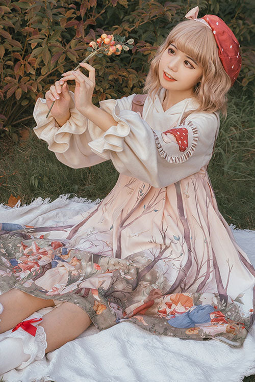 Light Pink Raccoon Print and Ears Round Collar High Waisted Autumn Winter Sweet Lolita JSK Dress