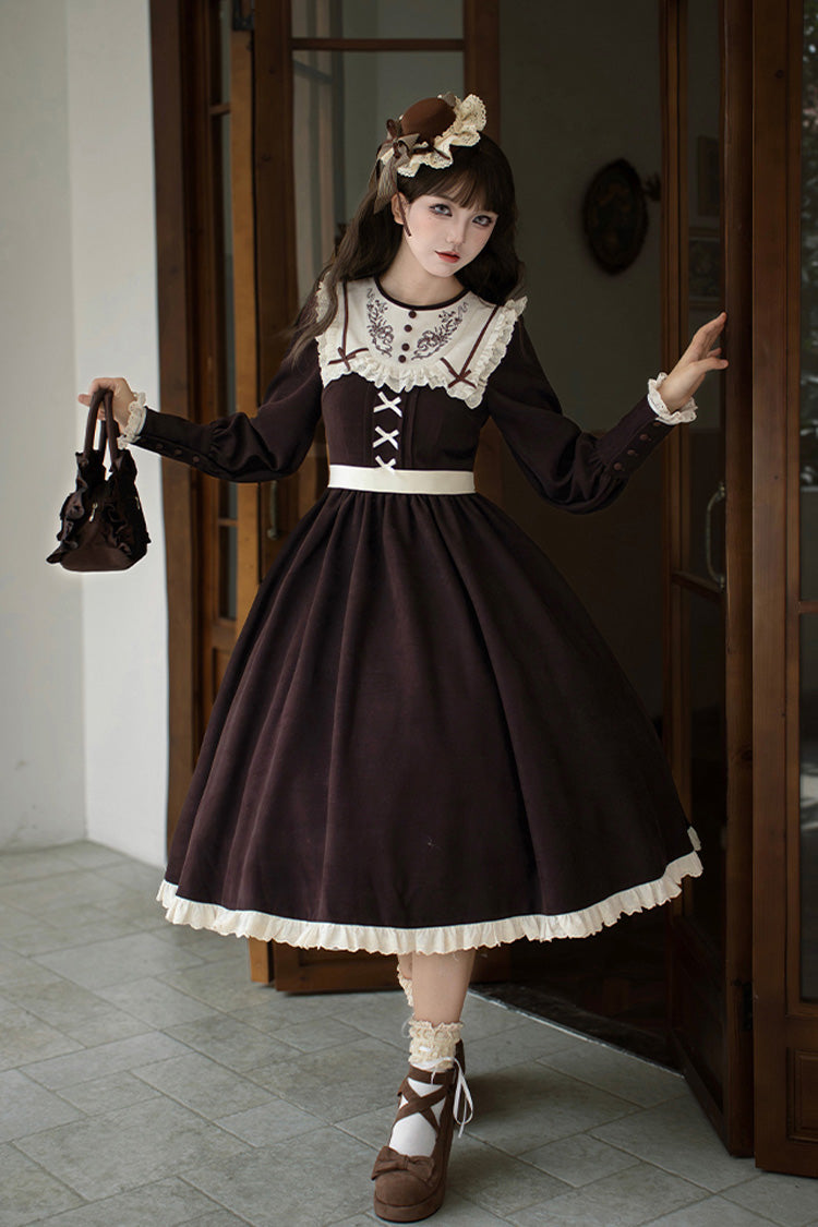 Brown Miss Brown Long Sleeves Ruffle Bouquet Embroidery Sweet Lolita Dress (Long Version)