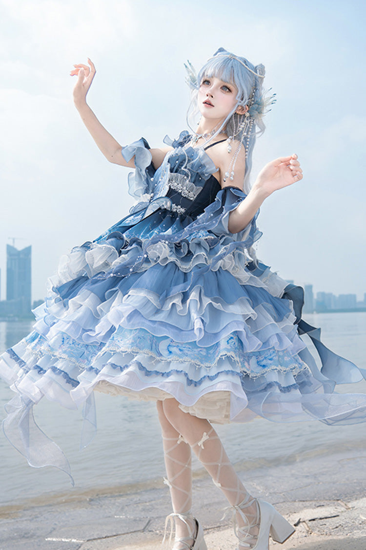 Blue Jellyfish Gradient Print Ruffle Embroidery Bowknot Lace Asymmetric Sweet Elegant Lolita Jsk Dress