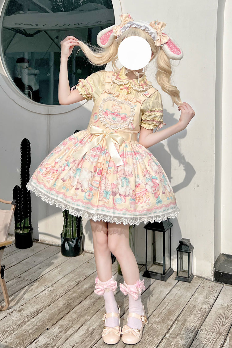Yellow Sheep's Party Print Bowknot Stitching Lace Sweet Lolita Strap Dress