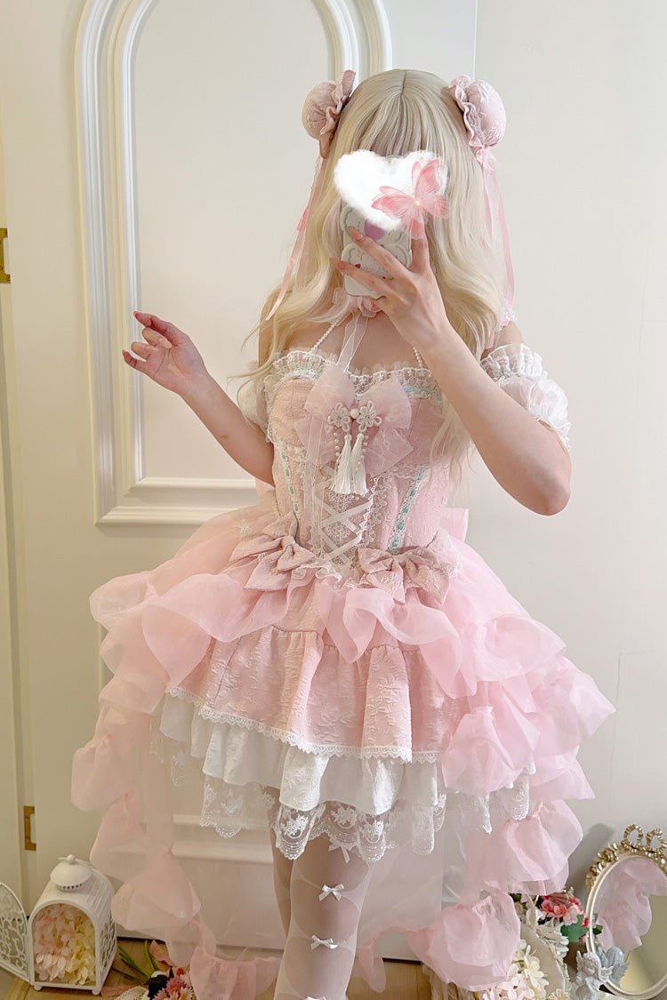 Pink Rain and Flowers Halterneck Jacquard Ruffle Bowknot Lace Sweet Lolita Jsk Dress