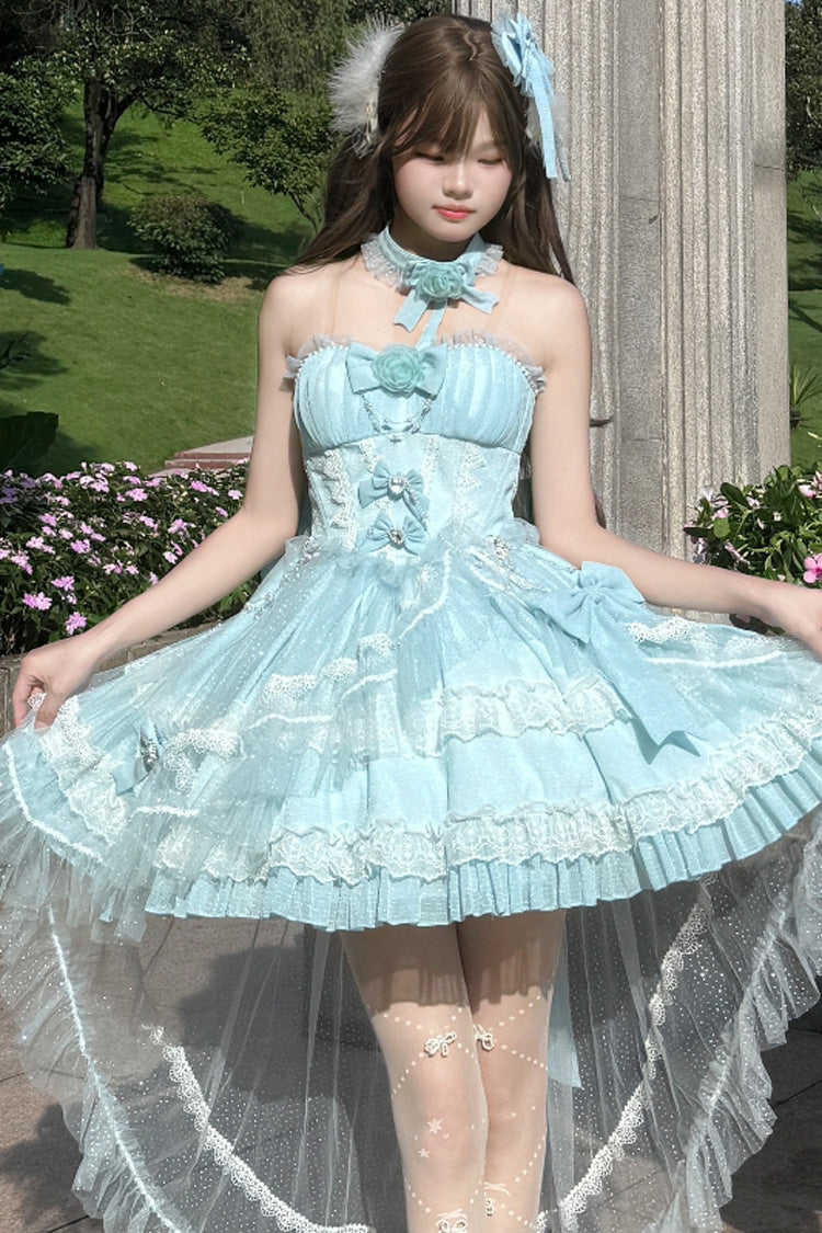Blue Galaxy Flower Language Multi-Layered Ruffle Bowknot Sweet Lolita Tube Top Dress