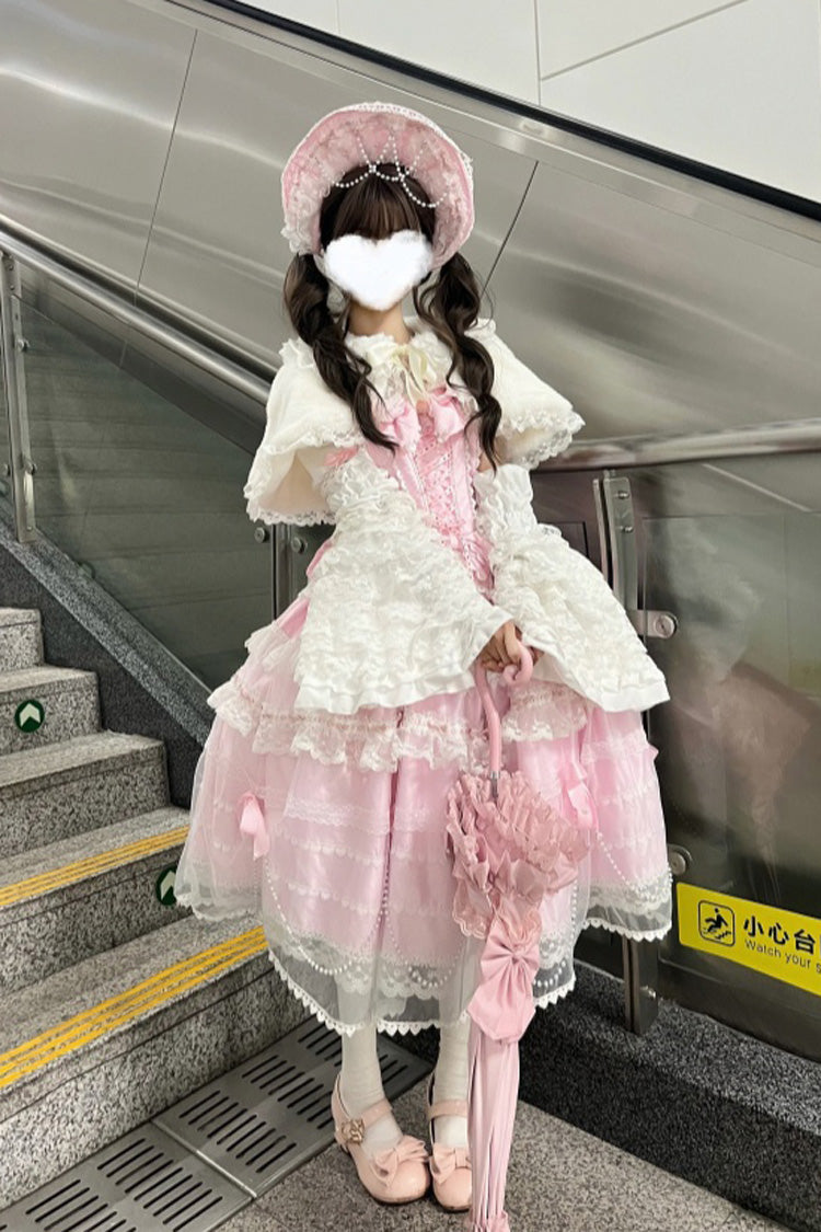 Showa Girl Sleeveless Triple-Layered Ruffle Bowknot Lace Pearl Sweet Japanese Lolita Jsk Long Dress 2 Colors