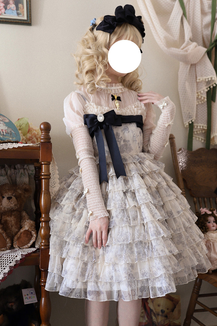 Multi-Color Wonderland Travels Multi-Layered Print Ruffle Bowknot Sweet Lolita Tiered Dress