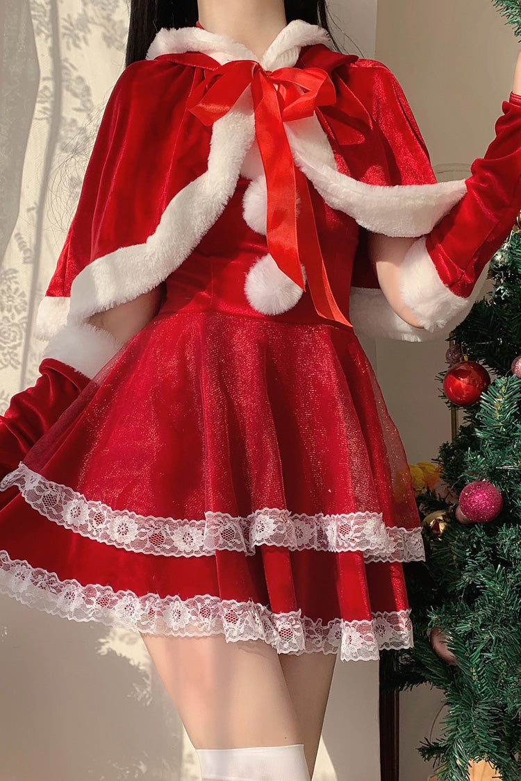 Red Christmas and New Year Double-Layered Ruffle Bowknot Lace Sweet Japanese Lolita Strapless Dress