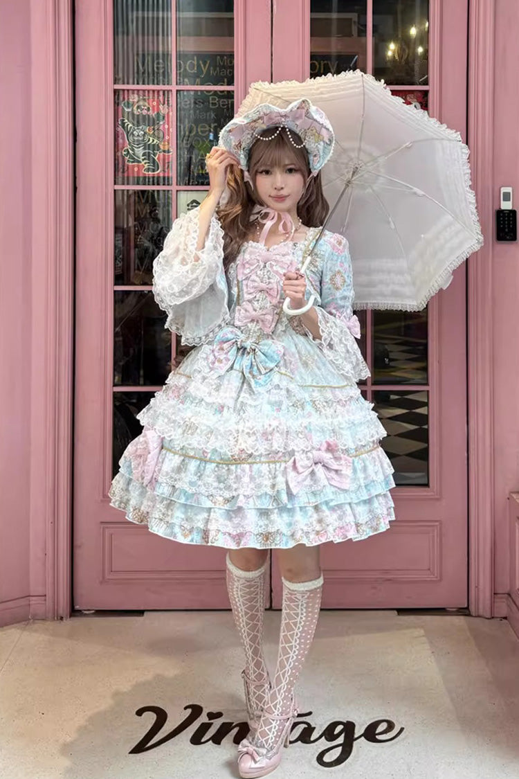 Blue Candlelight Elegance Long Trumpet Sleeves Multi-Layered Ruffle Bowknot Lace Sweet Elegant Lolita Dress