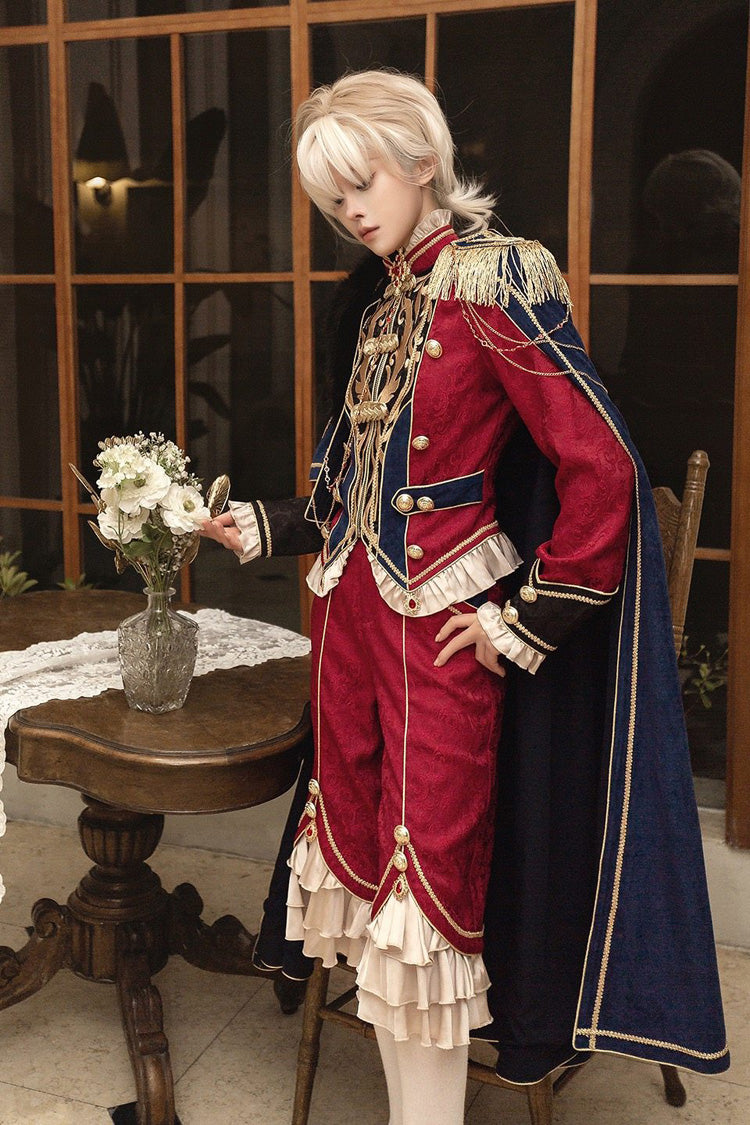 Red/Blue Royal Glory Stand Collar Long Sleeves Ruffled Embroidered Gothic Vintage Prince Palace Ouji Lolita Set