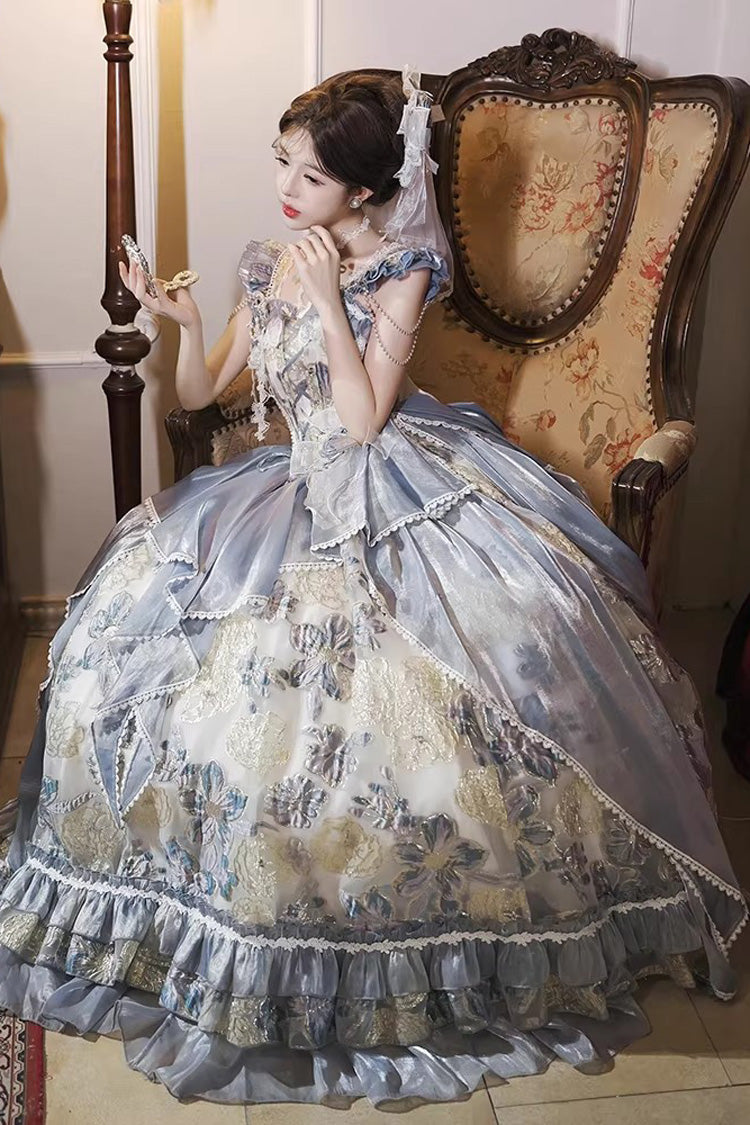 Blue Jacaranda Off Shoulder Short Sleeves Printed Ruffled Embroidered Bow Lace-Up Sweet Elegant Princess Lolita Dress