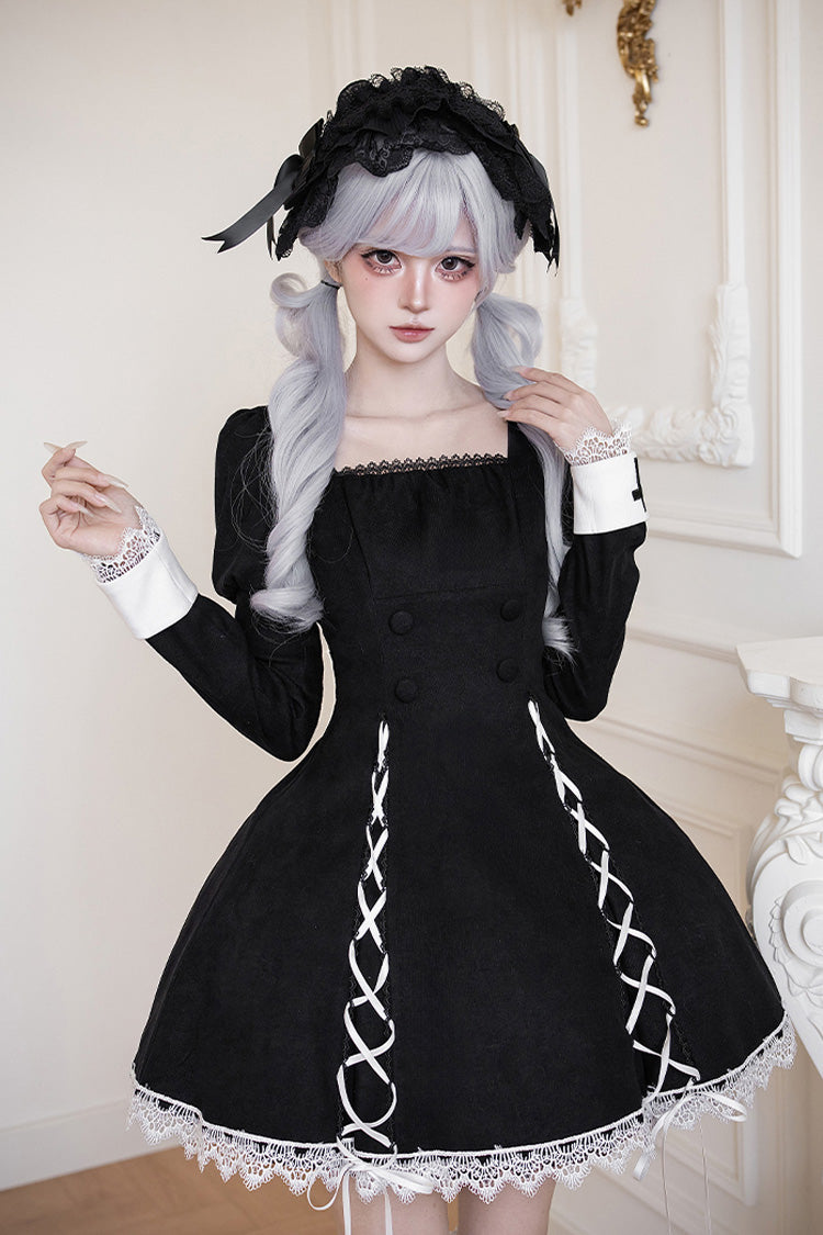 Black/White Rose Doll Square Collar Long Sleeves Bowknot Lace-Up Gothic Lolita Dress Set 2 Versions