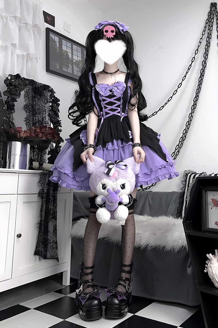 Black/Purple Halloween Little Witch Sleeveless Double-Layered Ruffle Bowknot Lace-Up Gothic Lolita Jsk Dress