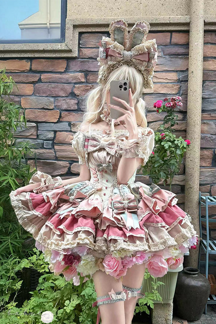 Ribbon Dance Multi-Layered Ruffle Bowknot Lace-Up Sweet Princess Lolita Dress 3 Colors