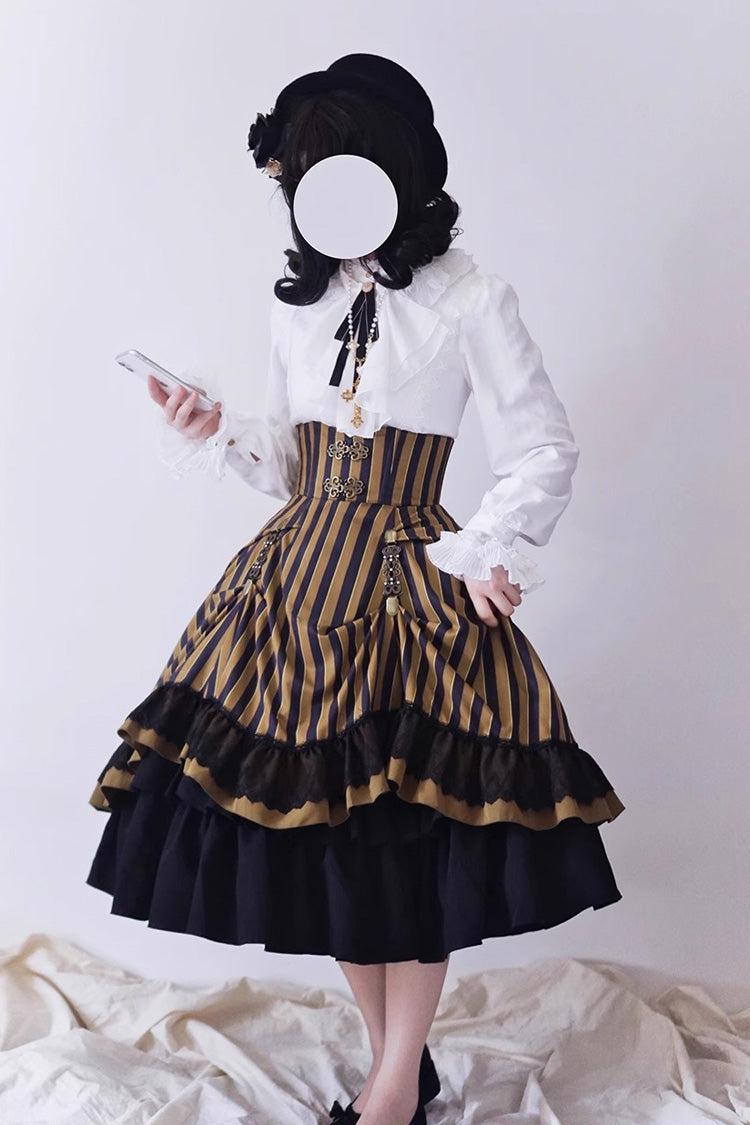 Point Manor Multi-layer Striped Print Ruffle Vintage Elegant Gothic Lolita Skirt 4 Colors