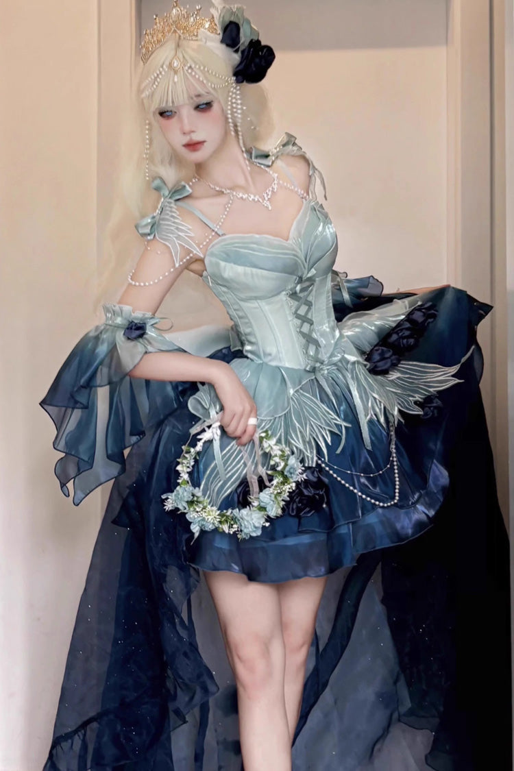 Undersea Blue Swan Wonderland Embroidery Bowknot Lace-Up Sweet Ballet Lolita Jsk Dress Short Version