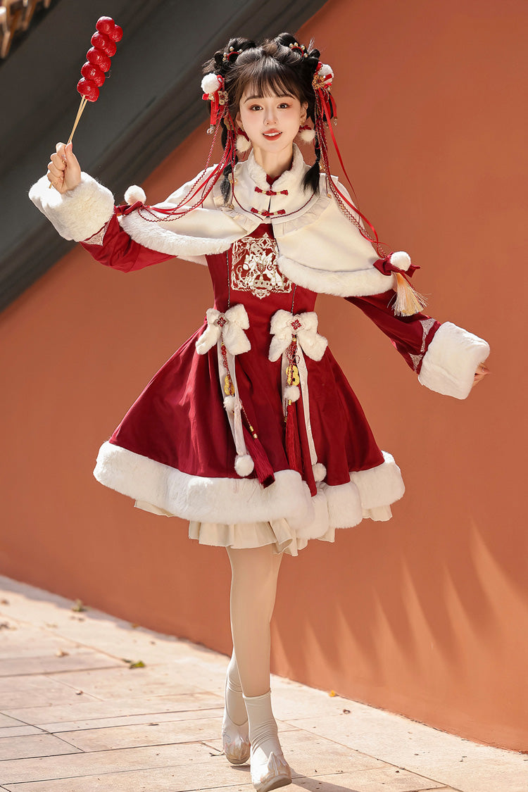 Red Long Sleeves Ruffle Embroidery Bowknot Chinese Style Sweet Lolita Hanfu Dress
