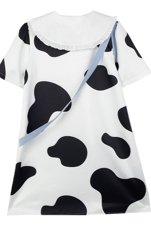 Black/White Doll Collar Short Sleeves Milk Cow Print Sweet Lolita Dress