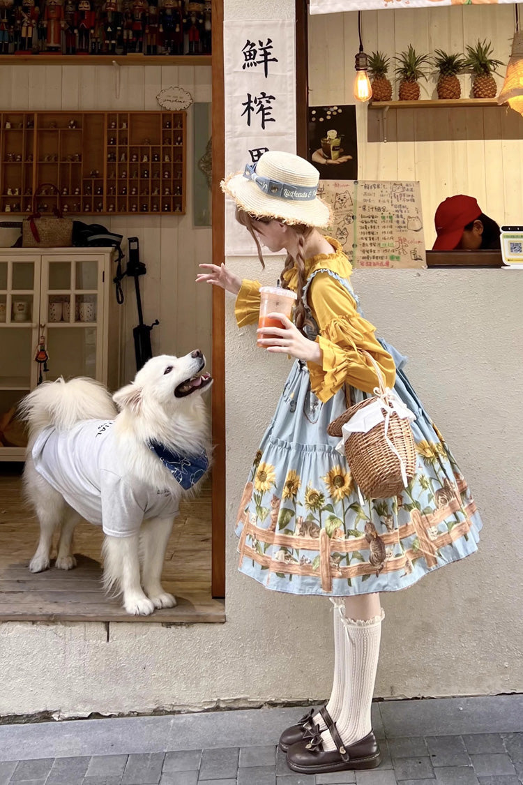 Cat and Sunflower Print Bowknot Sweet Lolita Jsk Dress 2 Colors