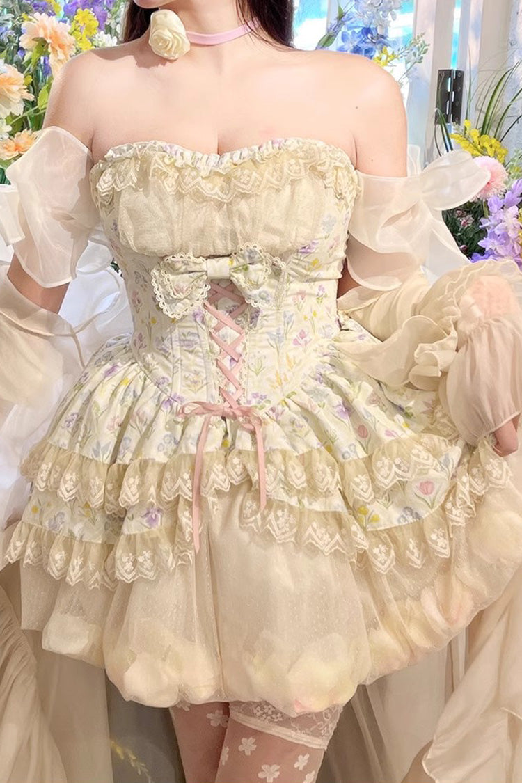 Ivory Flower Story Tulip Print Bowknot Lace Sweet Lolita Skirt