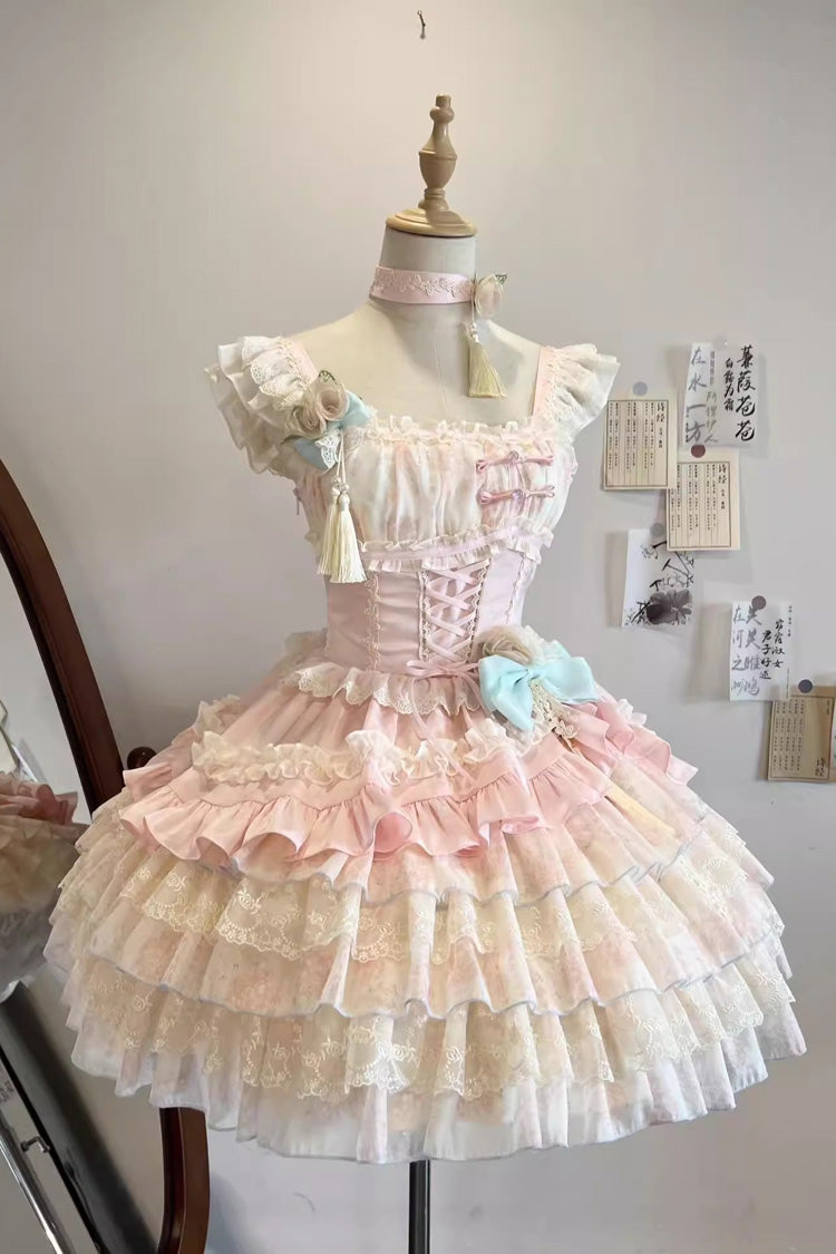 Ancient Poetry Print Multi-layer Ruffle Bowknot Lace Sweet Chinese Style Lolita Tiered Dress 2 Colors