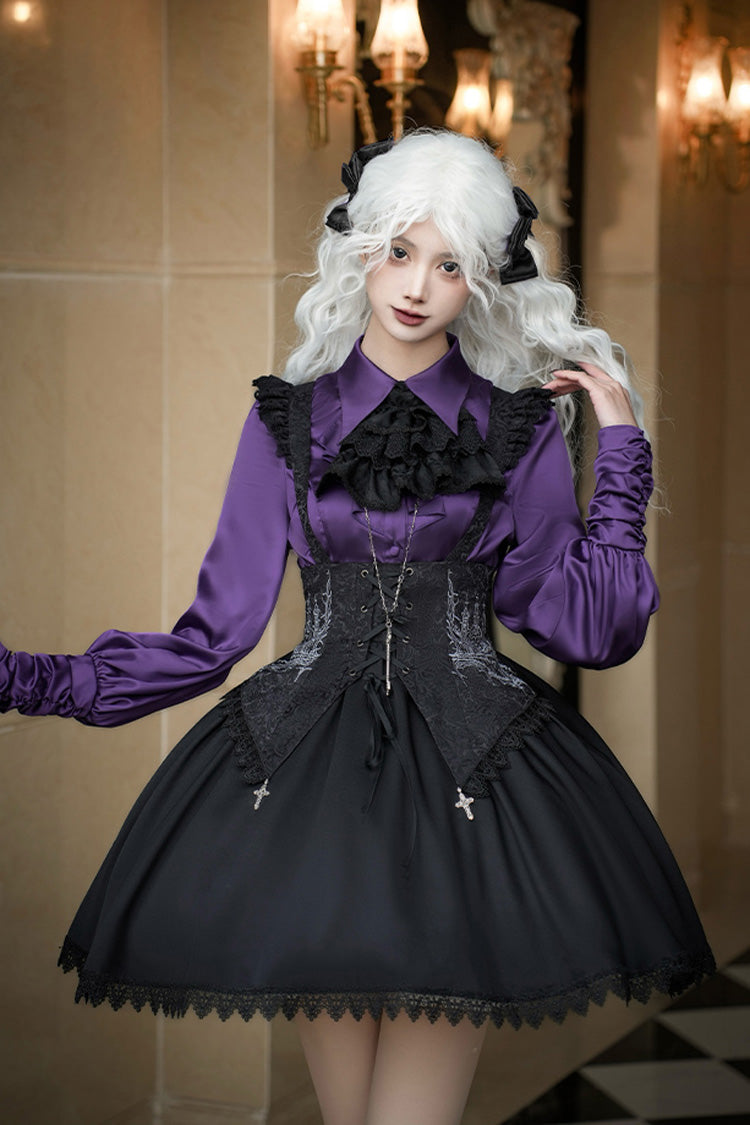 Black Night of Thorns Sleeveless Embroidery Lace-Up Gothic Lolita Strap Breast Support Dress 2 Versions