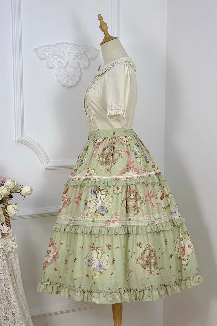 Green Cat Rose Tea Print Ruffle Daily Sweet Lolita Skirt