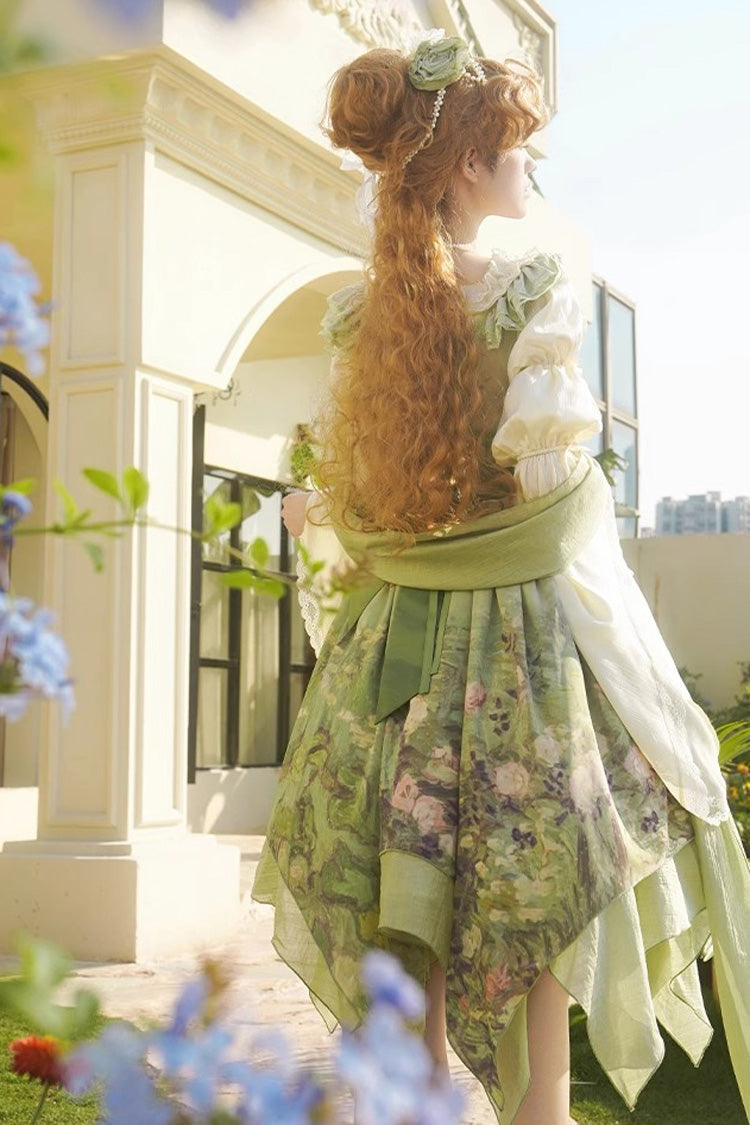 Green Blooming Roses Print Oil Painting Chiffon Ruffle Bowknot Irregular Sweet Lolita Jsk Dress