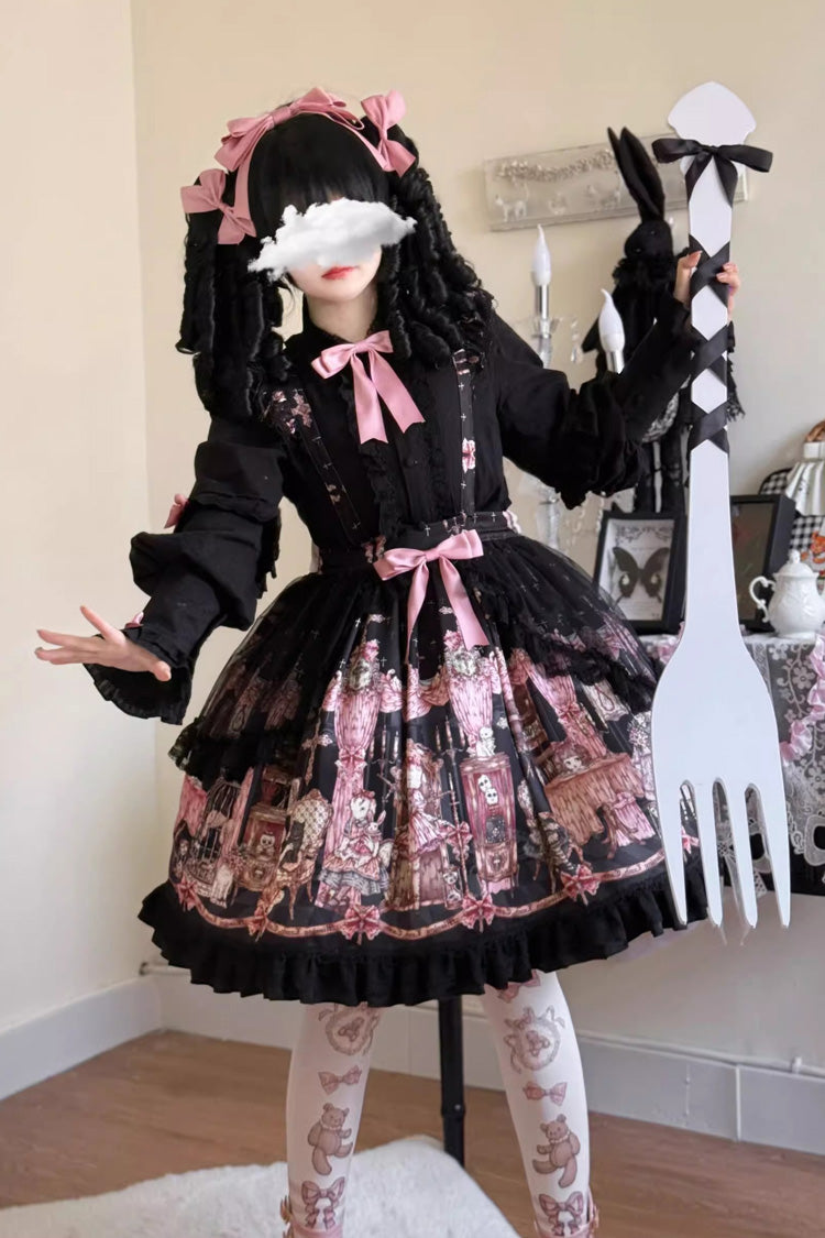 Black The Case of the Missing Lamb Print Ruffle Bowknot Lace Gothic Lolita SK Skirt