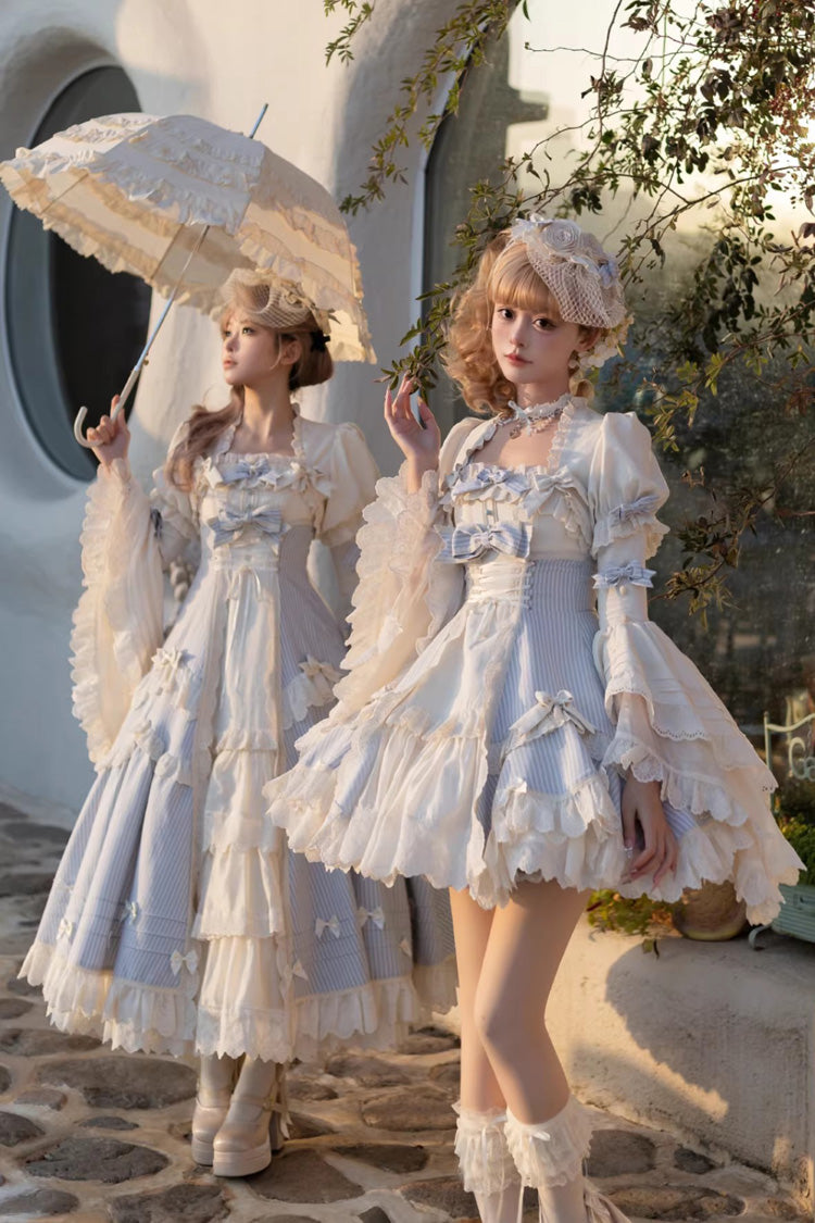 Blue Letter Paper Sleeveless Double-Layered Printed Ruffled Open-Front Bow Lace-Up Sweet Lolita Jsk Dress (Short Version)